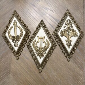 3 Vintage MCM Homco Syroco Gold Diamond Shape Wall Decor Plaques Made in USA